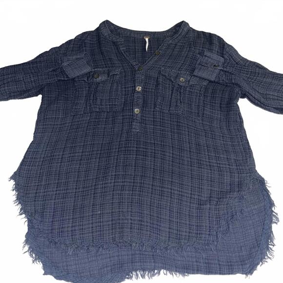 Free People $95 Gauze Blue Plaid Button-Up Womans Medium Shirt with Frayed Hem - Picture 3 of 9